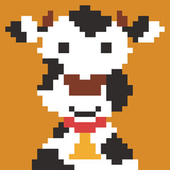 Pixel art illustration of a cute cow in retro 8-bit style. Pixelated character. Perfect for apps, games, stickers, children&rsquo;s designs, and digital projects.