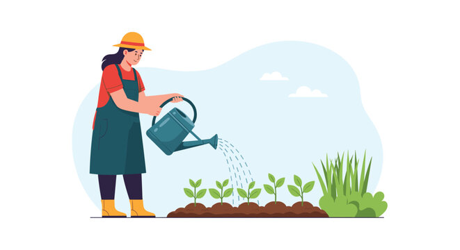 Illustration of a female gardener watering a row of small green sprouts in a garden bed on a sunny day.
