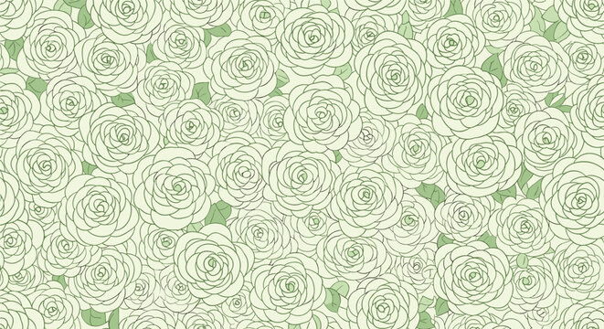 Dense seamless pattern of hand drawn white rose outlines with green leaves filling the entire frame area.