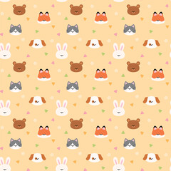 cute seamless pattern with animal head, adorable nursery repeated with  bunny, bear, cat, puppy, fox cartoon character, fun childlike cartoon print, kawaii animals on yellow background illustration