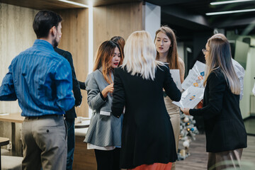 A diverse team of colleagues discusses charts and reports in an indoor office setting. They review materials together as a festive Christmas tree decorates a modern workspace.