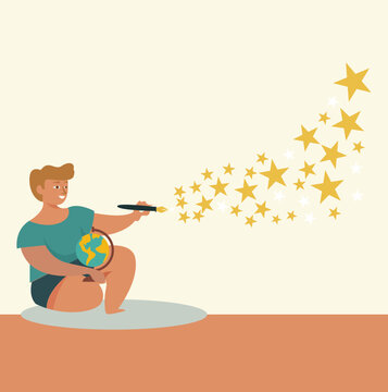 Creativity and imagination concept illustration. Scene of young boy holding globe and painting golden stars symbolizing education, inspiration and global dreams. Vector illustration.