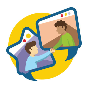 Online communication concept illustration. Scene of two men shaking hands through digital screens symbolizing virtual meeting, partnership and remote collaboration. Vector illustration.
