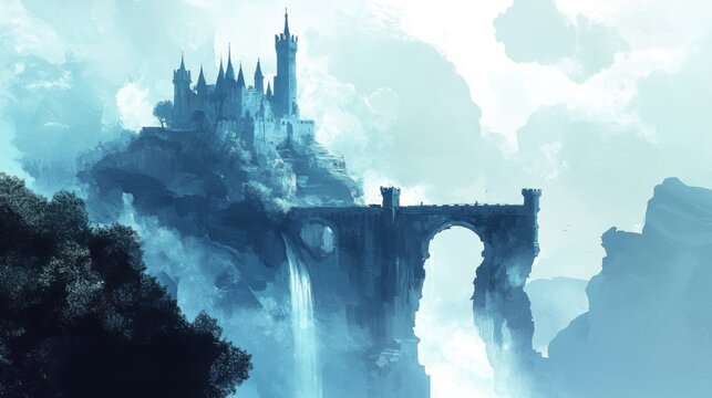 Mystical castle on a hill with a bridge