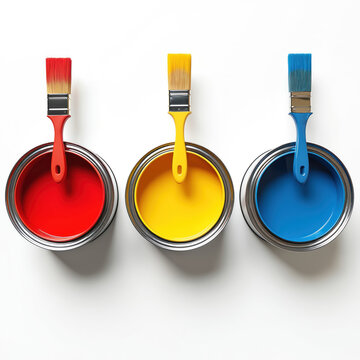Three paint cans holding red, yellow, and blue liquid. Brushes rest on top of each open container. Supplies for home or art projects are neatly arranged on a white surface.