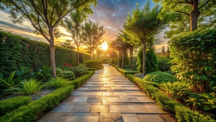 Obraz premium Serene Sunset Stroll Through a Lush Garden Path with Vibrant Greenery and Golden Hour Light
