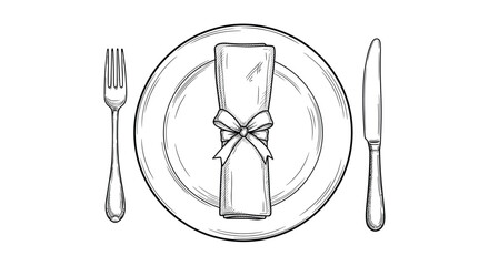 Formal table setting sketch with a ceramic plate, fork, knife, and a napkin tied with a ribbon bow for catering and event design.