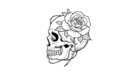 Obraz premium Dramatic black and white line art illustration of a human skull entwined with a beautiful blooming rose for gothic and artistic design.