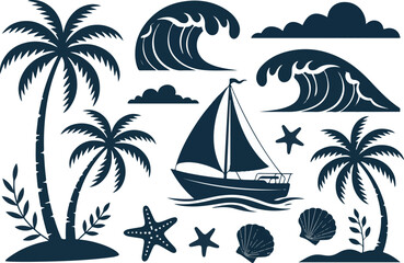 Obraz premium Tropical island palm trees and sailboat with waves under sunny skies vector illustration holiday vacation element