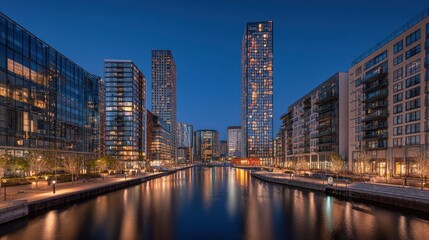 Fototapeta premium Modern Cityscape at Night Over Water Reflections