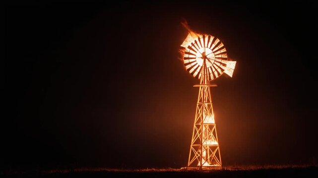 A lit-up windmill glows against the night sky, its structure and blades illuminated by an internal flame