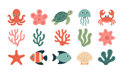 Fototapeta premium Flat coral reef and marine creature decorative vector set vector illustration, easily editable.
