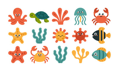 Fototapeta premium Cute pastel underwater sea creatures flat vector illustration, easily editable.