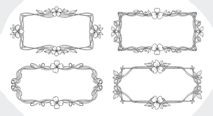 Collection of four different ornate rectangular floral frames with delicate leaf and flower motifs in a classic black and white line art style.