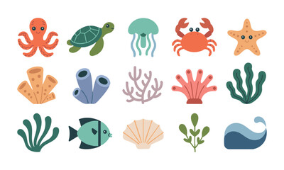Minimal underwater ecosystem vector elements set vector illustration, easily editable.