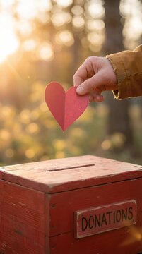 Donation Box Outdoors with Red Heart Under Golden Sunlight Hand Placing Heart into Red Donation Box with Wooden Sign
