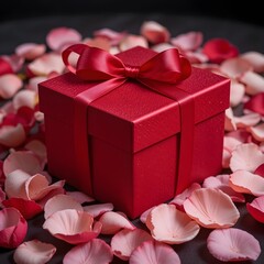 장미 꽃잎으로 둘러싸인 새틴 리본으로 묶인 아름다운 빨간색 선물 상자