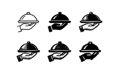 Fototapeta premium Collection of six different hand-held food cloche icons in various artistic styles