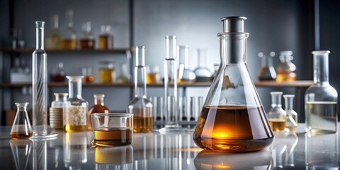A Laboratory Setting with Amber Liquid in Glass Flasks and Beakers, Reflecting Light on a Polished Surface