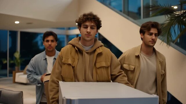 A home appliance delivery moment where professional workers handle carrying a modern refrigerator into the kitchen, illustrating installation workflow and customer focused labor. cinematic color