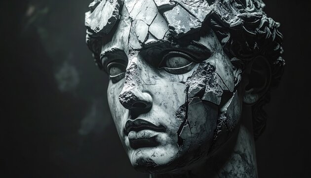 Close up of a weathered marble statue head with deep cracks and missing pieces against a dark atmospheric background