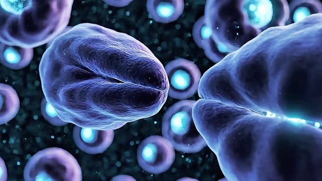 Close-up of blue cellular structures and microscopic organisms under magnification.