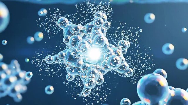Close up view of microscopic cells and molecular structures in blue, highlighting intricate biological formations.