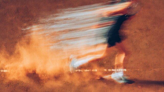 Runner in black athletic clothing moves swiftly on a dirt track, creating a cloud of dust and motion blur, emphasizing speed and athleticism