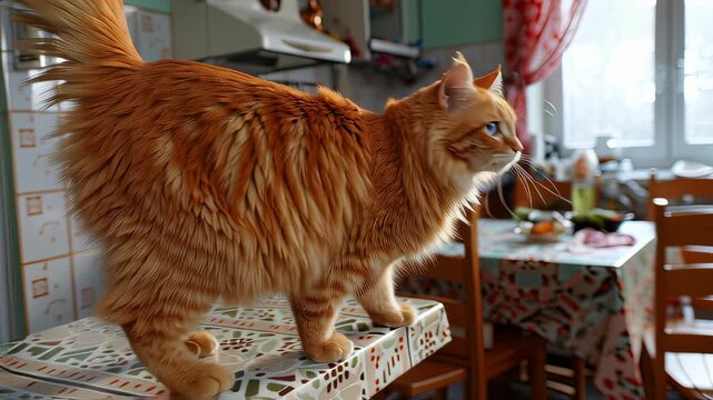 Orange cat exploring kitchen table