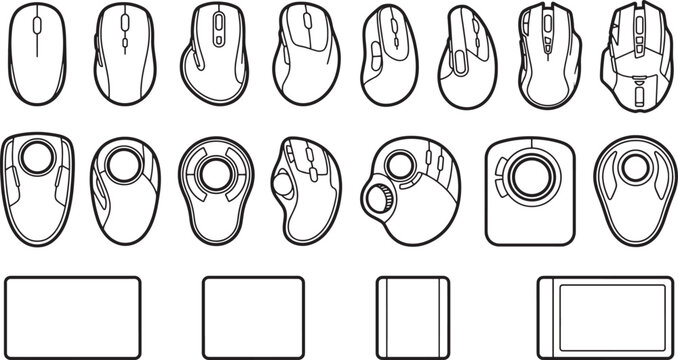Diverse array of computer mouses and trackpads arranged for technological and illustrative purposes.