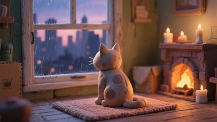 Cozy Cat by the Fireplace at Dusk.