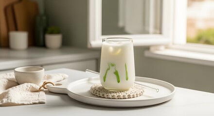 Fototapeta premium A refreshing glass of iced matcha latte with creamy white milk sits on a textured coaster beside a folded linen napkin on a bright kitchen counter.