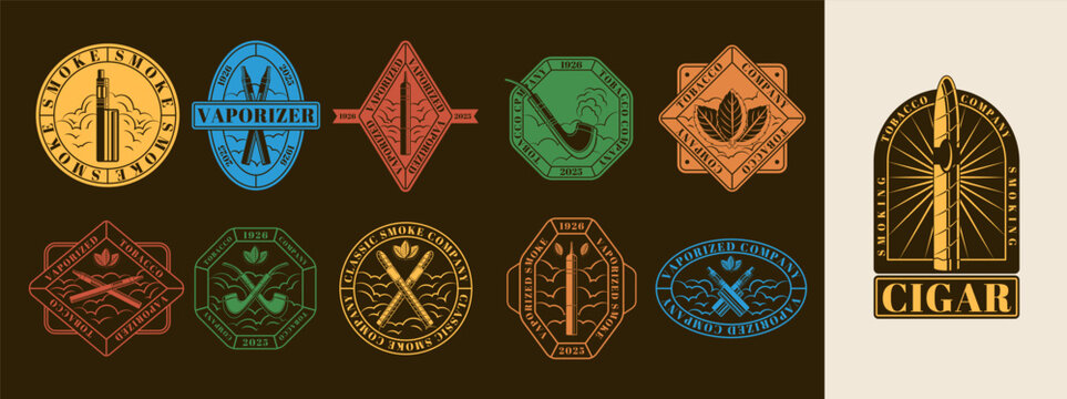 Vintage vaping device. Smoking logo. Vape pen emblems. Tobacco cigar product labels. Cigar paper sign. E cigarette badges. Retro sticker collection, premium branding. Vector garish illustration design