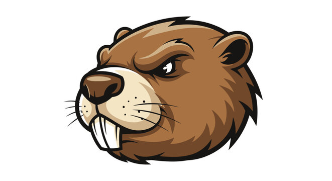 Cartoon beaver head illustration with prominent teeth and brown fur, viewed from the side