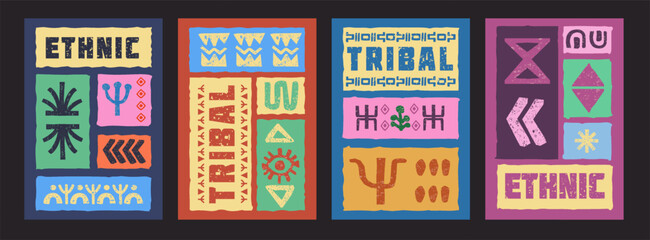 Ethnic pattern. African flyer. Tribal banner template. Mexican poster collection. Aztec design. Decorative culture border texture, ethnic ornament style. Ancient geometric shapes. Vector tidy decor