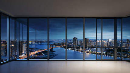 Fototapeta na wymiar Modern high rise room with large windows overlooking a city skyline and bridge at night