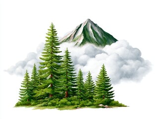 Fototapeta premium A serene landscape featuring tall pine trees and a majestic mountain shrouded in clouds, evoking a sense of tranquility and natural beauty.