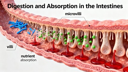 Detailed Illustration of Intestinal Digestion and Absorption Process.