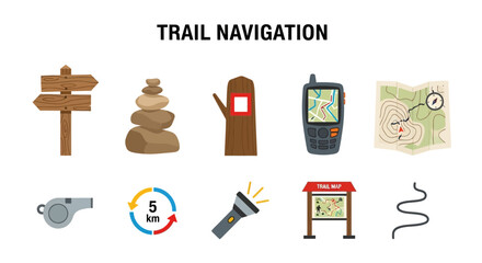 Ten icons illustrating trail navigation tools and markers on a white background © zyaa