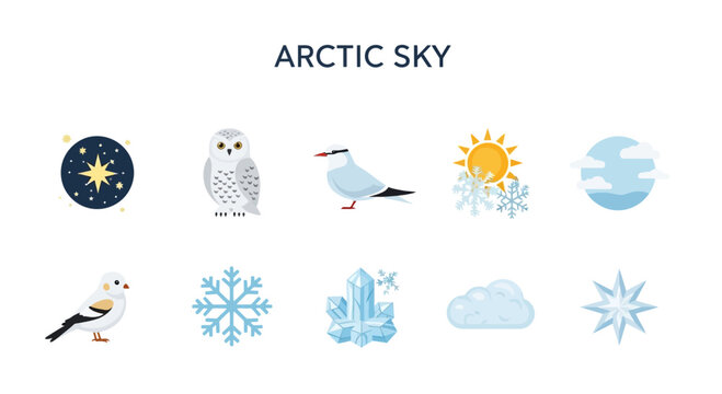 Arctic Sky icon set with stars owl birds sun clouds snow ice and frost