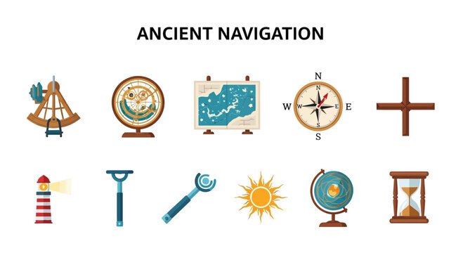 Ten icons related to ancient navigation instruments and aids displayed in two rows