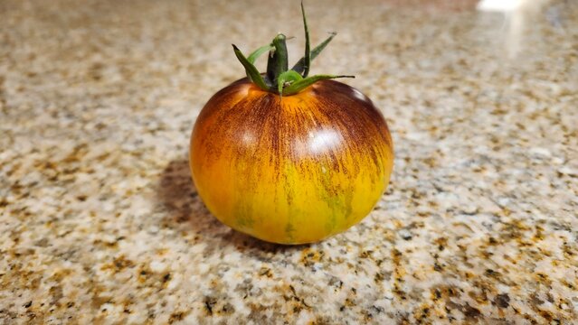 Heirloom tomato on granite countertop with colorful striped skin