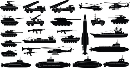 Obraz premium Military vehicles and weapon silhouettes collection including tanks, submarines, helicopters, missile launchers, warships and assault rifles isolated on white background for defense concept design