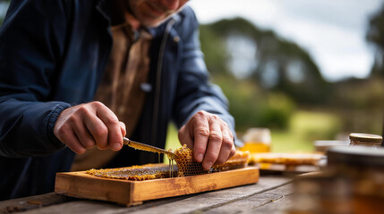 Obraz premium Hands of beekeeper uncapping honeycomb frame outdoors senior professional using knife at table shown apiary environment with honey extraction visible clearly outdoor workspace