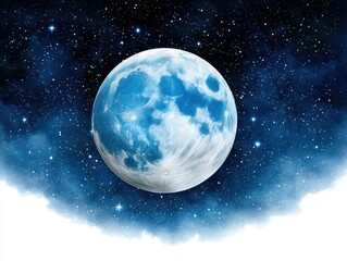 Fototapeta premium A serene depiction of a blue moon surrounded by starry night skies, evoking a sense of wonder and tranquility in the cosmos.