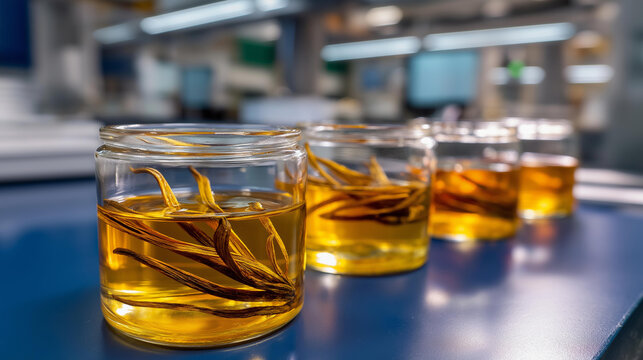 Laboratory setup with botanical pods in alcohol solution scientific environment with vanilla extraction shown clearly research facility with maceration process visible