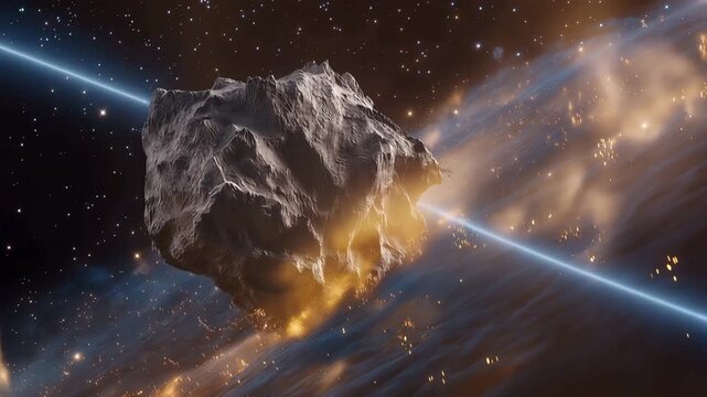 Amidst swirling stars, an asteroid is being destroyed with a laser beam, reflecting advanced science fiction notions of planetary protection and the innovative designs of intergalactic warfare