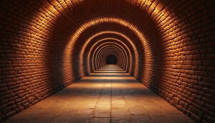 Obraz premium Long underground brick tunnel with arched ceiling and warm glowing lights. Perspective view shows curved brick walls and a stone floor leading into darkness.