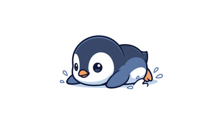 Adorable cartoon penguin sliding on its belly on icy terrain surrounded by water splashes in a fun winter scene © XsDax