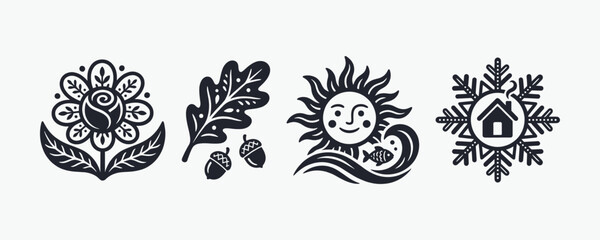 Seasons and Nature Folk Art Icons Vector Set © thetwelvesense